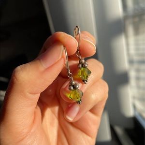 Handmade silver and olive green crystal earrings